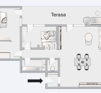 Grundriss einer 3-Zimmer-Wohnung mit Terrasse und offenem Wohnzimmer.