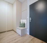 Eingangsflur einer 2-Zimmer-Wohnung mit Holzboden und stilvollem Stauraum.