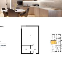 1-Zimmer-Wohnung mit Küche, Badezimmer und Flur. Wohnfläche 42,66 m².