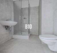 Badezimmer mit Waschbecken, Duschkabine und WC in einer Einzimmerwohnung.