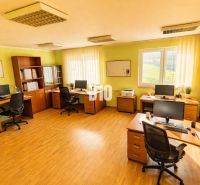 Ein Büro in einem Gebäude mit Holzboden, Computern, Tischen, grünen Wänden, Regalen.