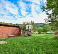 Der Garten eines Einfamilienhauses in Makov mit Holzunterständen und grünen Bäumen in der Umgebung.