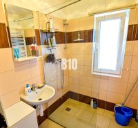 Ein Badezimmer in einer Hütte mit Waschbecken, Duschkabine, hohem Fenster und Stauraum.