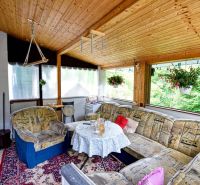Das Innere der Hütte mit einem bequemen Sofa, einer Holzdecke und einem Blick auf den Wald.