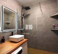 Ein Badezimmer in einer 3-Zimmer-Wohnung mit einer großen Dusche und einem Boden in Holzoptik.