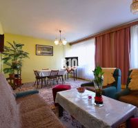 Wohnzimmer in einem Einfamilienhaus mit Blumen, Teppichen und Möbeln.
