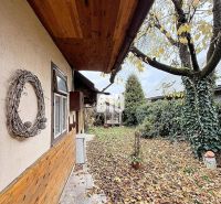 Ein Einfamilienhaus in Kotešová mit einem von Blättern bedeckten Garten und Holzverkleidungen an der Wand.