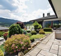 Der Garten bei der Villa in Súľov-Hradná mit gepflegten Pflanzen und Blick auf die Berge.