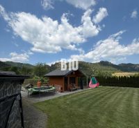 Ein Garten mit einem Häuschen und einem Trampolin in einer Villa in Súľov-Hradná.