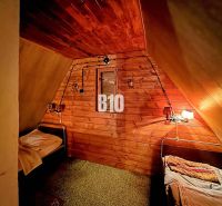 Rustikales Interieur einer Hütte mit zwei Betten und Holzverkleidung an den Wänden.