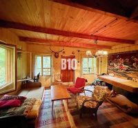 Das Innere der Hütte mit einer Holzdecke, bequemen Sitzgelegenheiten und einem dekorativen Teppich an der Wand.