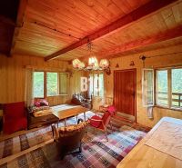 Rustikales Interieur einer Hütte mit komfortablen Möbeln und einem Boden mit Holzdekor.