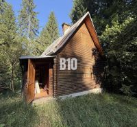 Eine Holzhütte in Kunerad, umgeben von Wald und blauem Himmel.