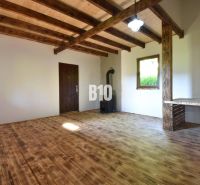 Interieur einer Hütte mit Holzdecke, Holzboden und Ofen.
