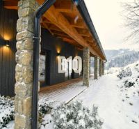 Eine Hütte in der verschneiten Landschaft von Horná Mariková mit Steinsäulen und Holzdekor.