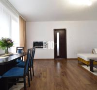 Wohnzimmer in einer 3-Zimmer-Wohnung mit Holzelementen und Esstisch.