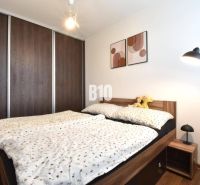 Schlafzimmer in einer 3-Zimmer-Wohnung mit Einbauschrank und Bett mit Holzdekor.