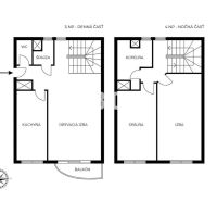 Grundriss einer 3-Zimmer-Wohnung mit Treppe, Badezimmer und Balkon auf zwei Etagen.
