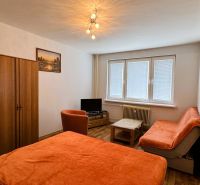 Ein Zimmer mit Möbeln in einer Einzimmerwohnung, Holzboden mit Holzdekor, orangefarbene Bezüge auf dem Sofa.