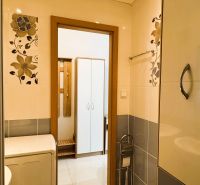 Badezimmer in einer Einzimmerwohnung mit Waschmaschine, Toilette und Blumendekorationen an den Wänden.
