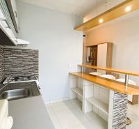Küche in einer Einzimmerwohnung mit Bartresen und Boden in Holzoptik.