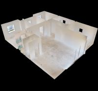 3D-Grundriss eines Einfamilienhauses ohne Möbel, sichtbare Raumaufteilung.
