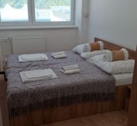 Schlafzimmer mit Bett und Fenster, Boden mit Holzdekor in einer 2-Zimmer-Wohnung.