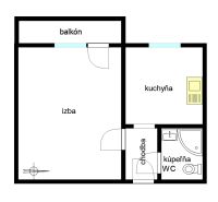 Grundriss einer Einzimmerwohnung mit Raumaufteilung: Zimmer, Küche, Balkon, Badezimmer, WC.