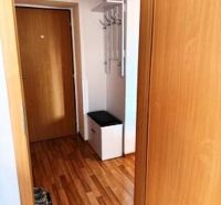 Der Flur in einer Einzimmerwohnung mit einem Boden in Holzdekor und einem Kleiderhaken.