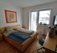 Helle 1-Zimmer-Wohnung mit Holzboden, Bett und Tisch.