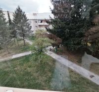 Blick auf das Grün und den Plattenbau von einer Einzimmerwohnung in der Záborského-Straße in Martin.