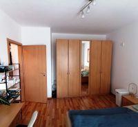 Schlafzimmer in einer Einzimmerwohnung mit Holzboden, Kleiderschrank und Schreibtisch.