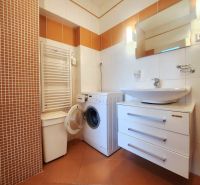 Badezimmer mit Waschmaschine und Waschbecken in einer 3-Zimmer-Wohnung, die Fliesen sind in warmen Farbtönen.