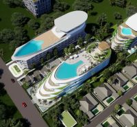 Visualisierung des Wohnungsbaus in Phuket: Mehrstöckige Gebäude mit Pools, umgeben von Grünflächen und einer Straße.
