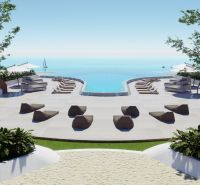Terrasse mit Blick auf den Pool und das Meer, Wohnungsbau in Phuket.