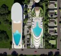 Luftaufnahme des Wohnungsbaus in Phuket mit Pool und Villen.