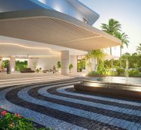 Architektonischer Eingang mit Garten und Brunnen. Der Wohnungsbau in Phuket bietet eine luxuriöse Umgebung.