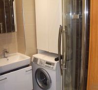 Badezimmer mit Waschmaschine in der Ecke neben dem Waschbecken und der Duschkabine in einer Zweizimmerwohnung.
