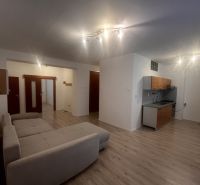 Wohnzimmer in einer 3-Zimmer-Wohnung mit Küche und Holzboden.
