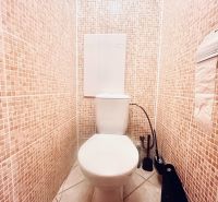 Toilette mit Mosaikfliesen in einer 3-Zimmer-Wohnung, helle und saubere Umgebung.