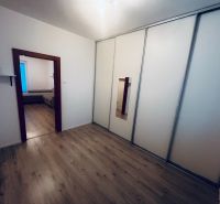 Der Flur in der 3-Zimmer-Wohnung mit Schränken und einem Boden in Holzoptik.