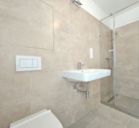 Badezimmer in einer Einzimmerwohnung mit Toilette, Duschkabine und Waschbecken im minimalistischen Stil.