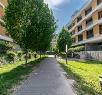 Bajkalská Straße in Bratislava mit Wohnhäusern und Bäumen entlang des Gehwegs.