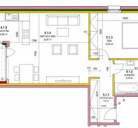 Grundriss einer 2-Zimmer-Wohnung mit Terrasse, Küche und Badezimmer.