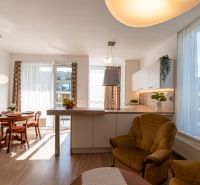 Wohnzimmer verbunden mit Küche, Esstisch, Boden mit Holzdekor, helle Vorhänge.