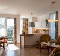 Wohnzimmer in einer 2-Zimmer-Wohnung mit Holzboden und heller Küche.