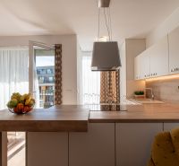 Küche in einer 2-Zimmer-Wohnung mit offenem Balkon und Dekor aus Holzboden.