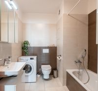 Badezimmer mit Badewanne, Waschmaschine und Waschbecken in einer 2-Zimmer-Wohnung.