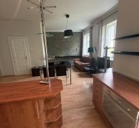 Die Küche einer 2-Zimmer-Wohnung mit einem Holzboden und einer modernen Theke.
