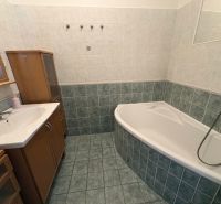 Badezimmer mit Badewanne, Waschbecken und Schrank in einer 2-Zimmer-Wohnung, Fliesen und Wandverkleidungen.